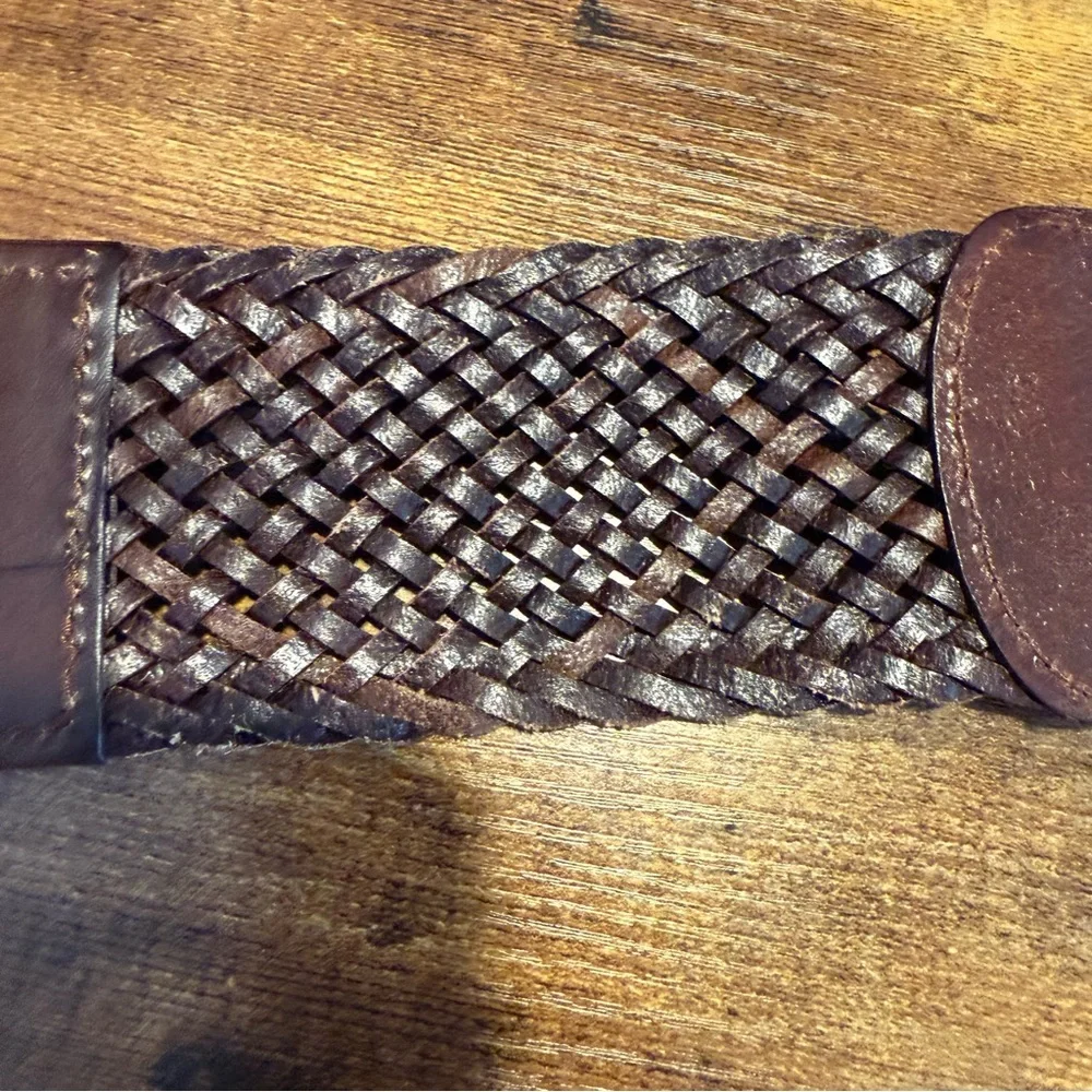 YIK FUNG Brown Leather Bow Front Elastic Snap Belt Wide Braided Vintage Y2K - Picture 10 of 11